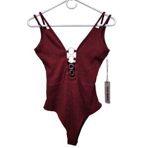 Ribbed Burgundy Bodysuit With Metal Ring Details Design By Hate Monde - Size S